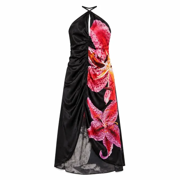 The Drop Ruched Front Slit Halter Maxi Dress Black Floral M NWT - Image 2