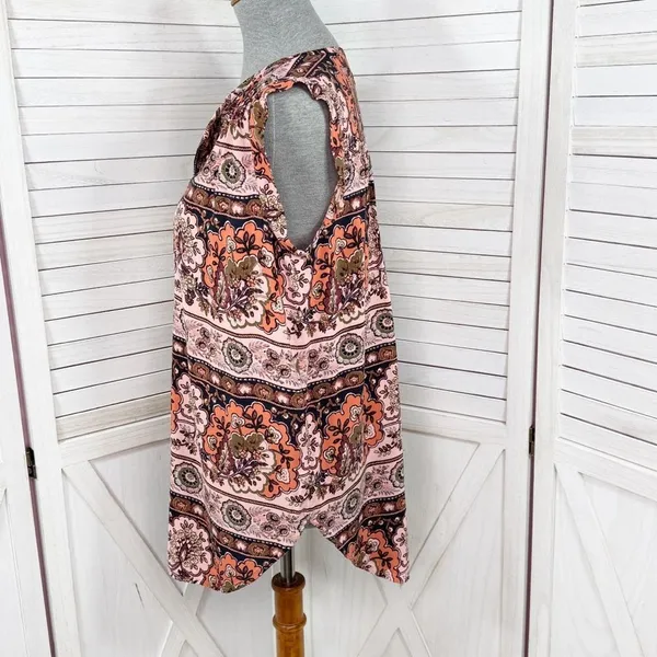 Loft Boho Floral Split Neck Sleeveless Tunic Tank Top Shirt Peach‎ Coral Medium - Image 3