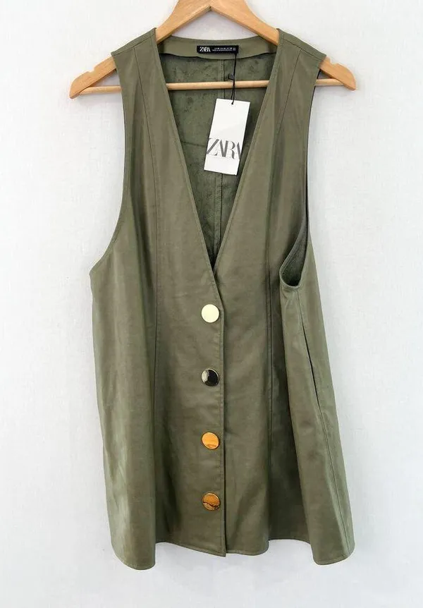 NEW ZARA Faux Leather Pinafore Dress Medium Sage Green Deep V Gold Buttons - Image 2