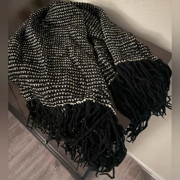 Black Cream Knit Fringe Scarf Wrap | Boho Winter Tassel Shawl | Cozy Long Scarf - Image 2