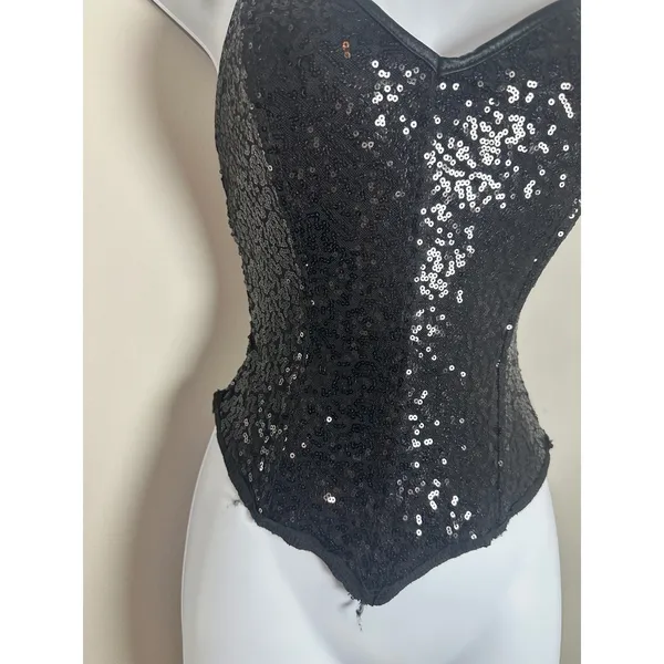 Leg Avenue Women Black Sequin Corset Top Sweetheart Neck Medium Strapless Zipper - Image 3