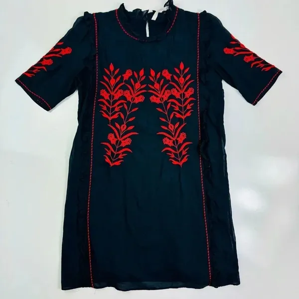 Zara Embroidered Dress Floral Ruffle Trim Black Red Short Sleeve Size‎ XS - Image 6