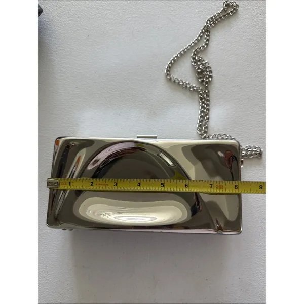 AKIRA Lead The Way Shiny Silver Metal Box Clutch Bag with Chain Strap - Image 4