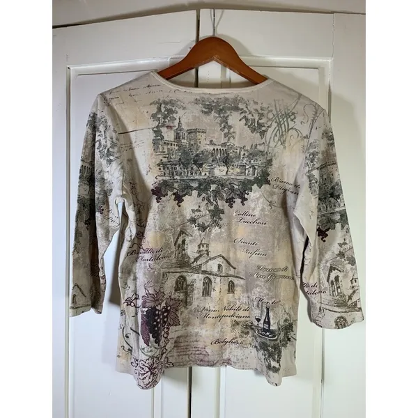 Christopher & Banks Vtg Y2K Italian Winery Scene Shirt Embellish Top USA Classic Romantic Watercolor - Image 3