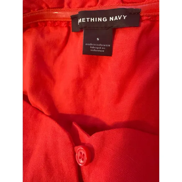 Something Navy Womens Red Linen Blend Puff Sleeve‎ Button Front Peplum Blouse S - Image 5