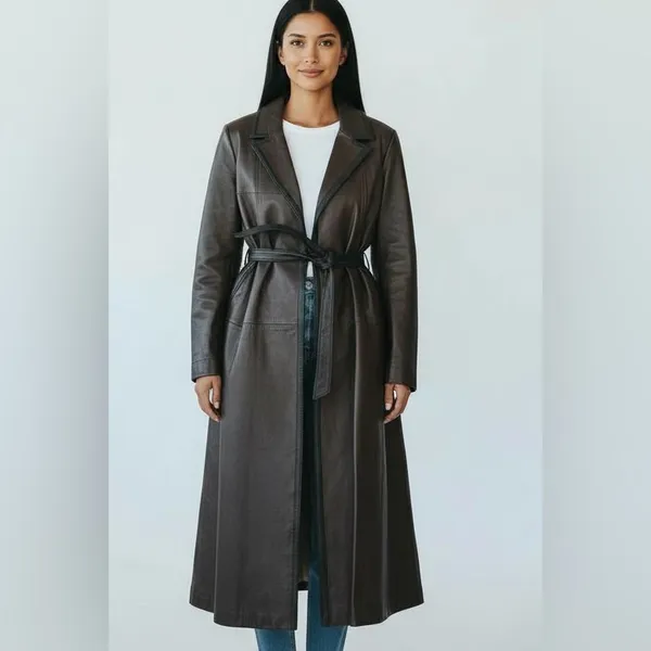 VTG Brown Leather Trench Coat Belted Contrast Trim Minimalist Chic Sz 16 Lined - Image 7