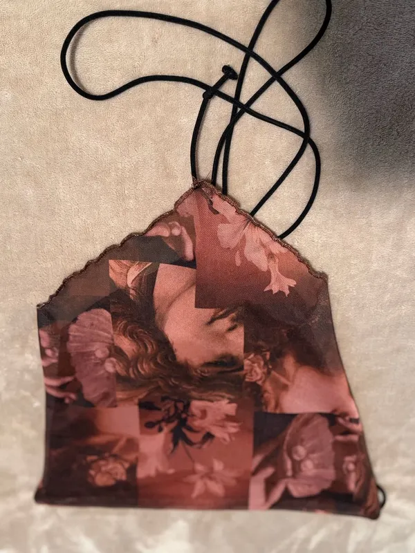 SHEIN Brown Art Print Asymmetric Cowl Crop Top - Image 5