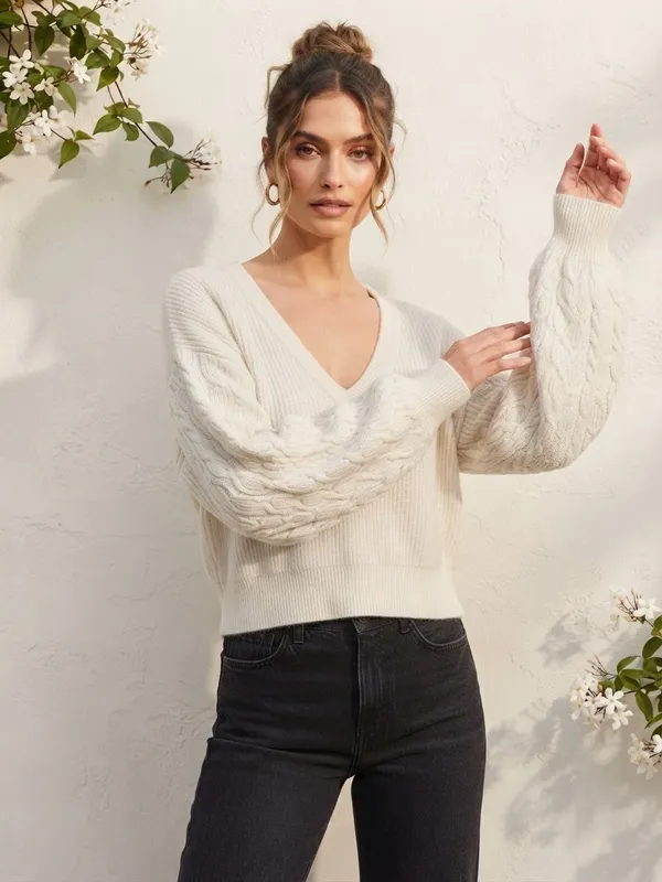 Lulus Cream Cable-Knit Sleeve V-Neck Sweater Size Medium NWT - Image 3