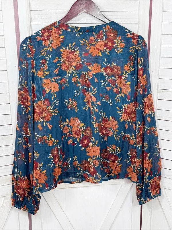 Frye Floral Metallic Jacquard Sheer Blouse Teal Blue Burnt Orange Large Boho - Image 8