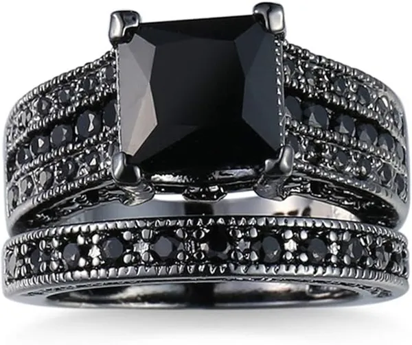 Women's Black Cubic Zirconia Silver Plated Rhinestone Wedding Ring & Band 8.5 - Image 2