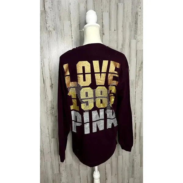 Victoria's Secret PINK Women's Maroon‎ Long Sleeve Pullover Shirt Size Small - Image 4