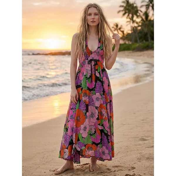 Free People Bohemian Retro 70s Beachy Bayside Florals Halter Maxi Dress Small - Image 6