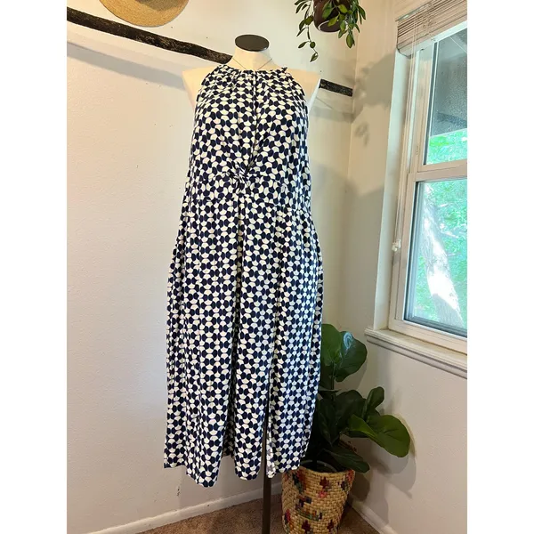 Ava & Viv Blue Linen Blend Mod Retro Print High Neck A Line Dress Size 2X - Image 14