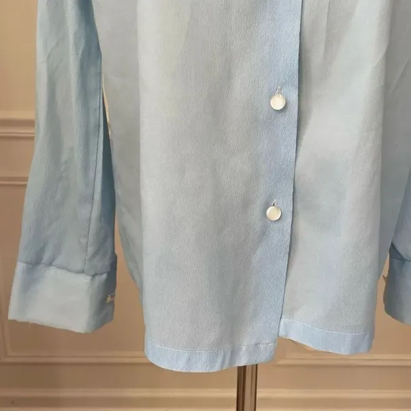 Vintage 70s Miss Holly Light Blue Textured Crepe Pointy Collar Button Shirt M 34 - Image 4