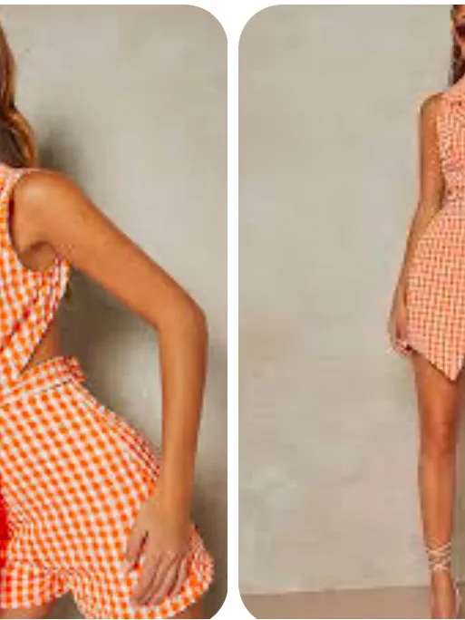SHEIN Orange Gingham Sleeveless Wrap Romper - Image 4