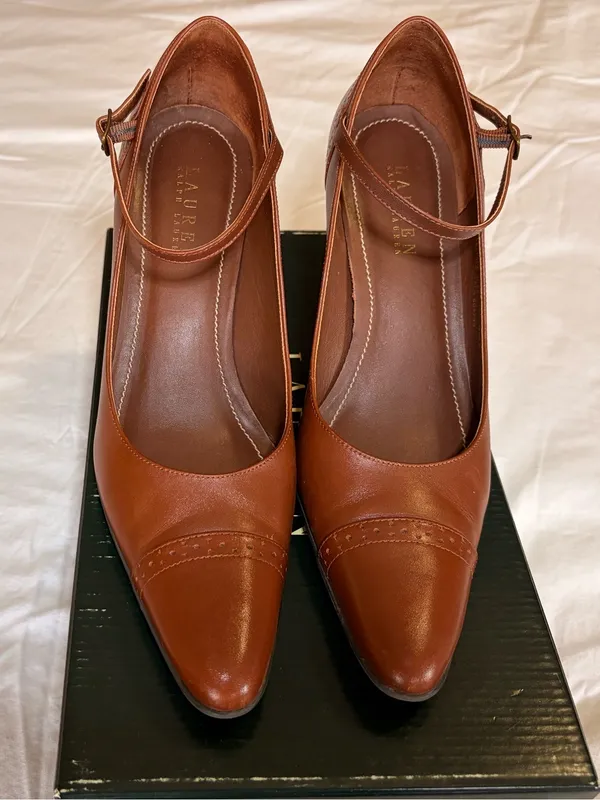 Lauren Ralph Lauren Belinda Cognac Brown Leather Mary Jane Heels Size 8.5 B - Image 7