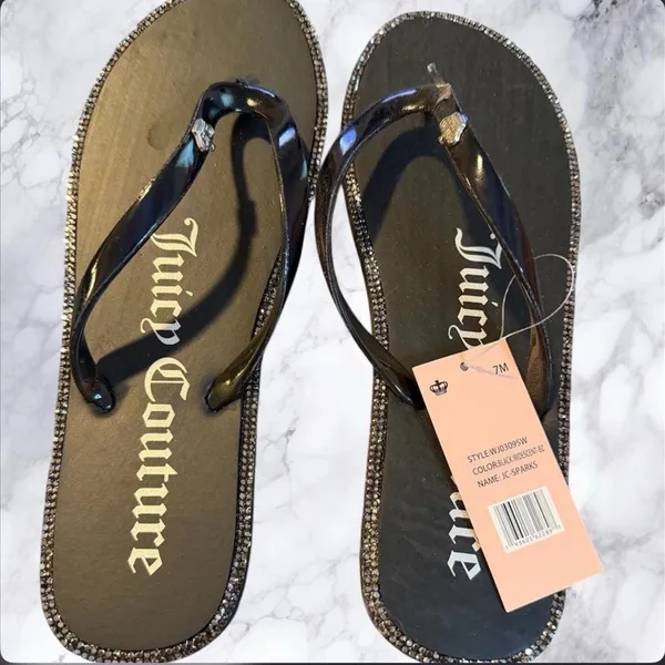 Juicy Couture JC Sparks Flip Flops Black Iridescent Rhinestone Size 7 New w/ Box - Image 3