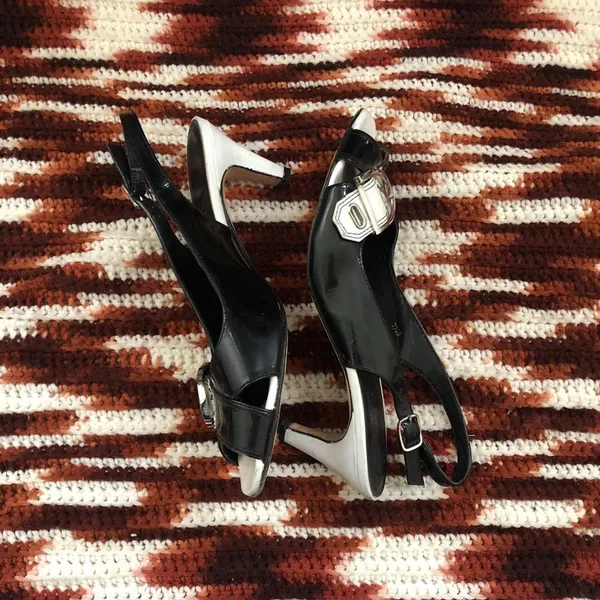 90s/2000s Y2K Vaneli Black White Open Peep Toe Silver Buckle Genuine Leather Slingback Pumps Kitten Heel Shoes Gothic Office Siren Core Dark Academia Whimsygoth Corporate-7.5N Measurement in pics - Image 2