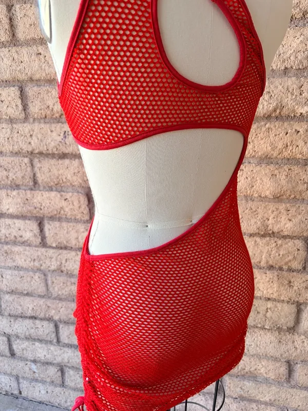Shein | Red Fishnet Mesh Cutout Mini Dress | L - Image 4