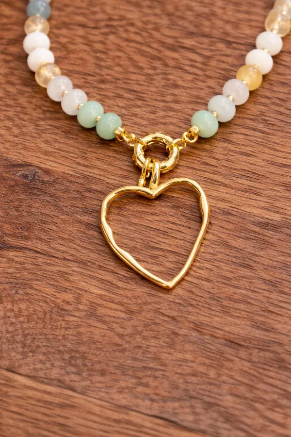 18k gold filled beaded gemstone necklace with hammered gold heart - Image 3