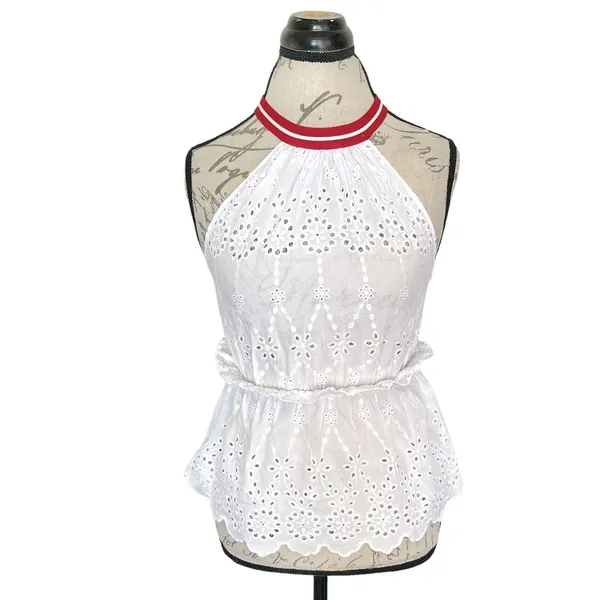 Zara Basic Denim Top Tank XS White Crochet Eyelet Bohemian Boho Chic Cottage - Image 2