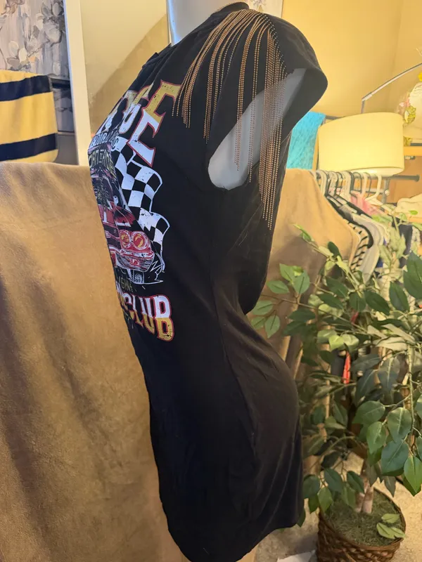 Vintage Racing Club Graphic T-Shirt Dress Fringed Shoulder Size L - Image 8