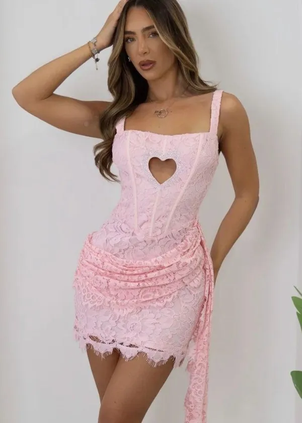 Dressmezee - TASTE OF LOVE HEART CUT OUT LACE MINI DRESS - PINK - Image 5