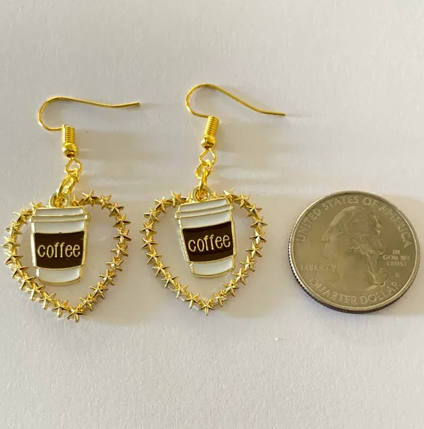 Handmade Coffee Lover Heart Dangle Earrings NEW - Image 4