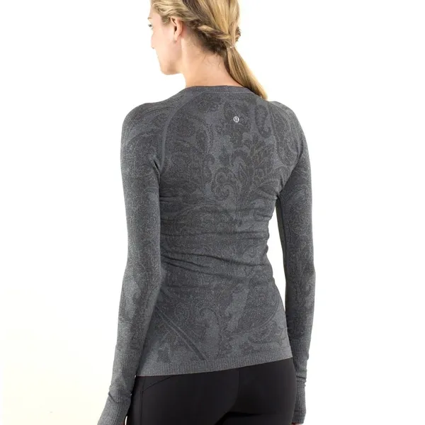 Lululemon Running Shirt Womens 12 Long Sleeve Paisley Gray Black Limited Edition - Image 2