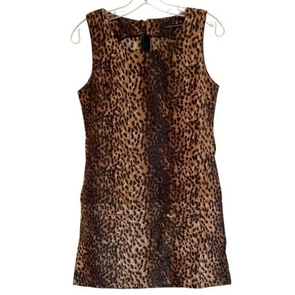 ZARA WOMAN Leopard Print Sleeveless Ruched Mini Dress w/Zipper Back -‎ M EUC - Image 2