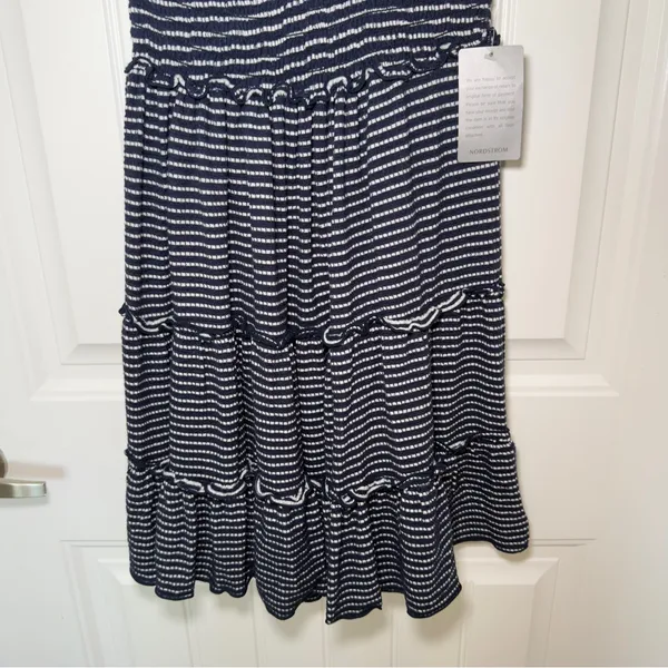 Max Studio Small Navy Jersey Smocked Waist Tiered Stripe‎ Dress Cottagecore - Image 6