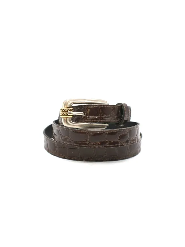 Brown Croc Embossed Vegan Leather Belt -18 Western Y2K Retro Silver Gold Buckle - Image 3