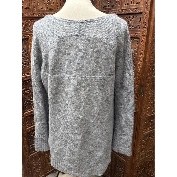 FREE PEOPLE S ALPACA BLEND KNIT OVERSIZED V-NECK BOHO SWEATER‎ GREY Bell Sleeve - Image 2