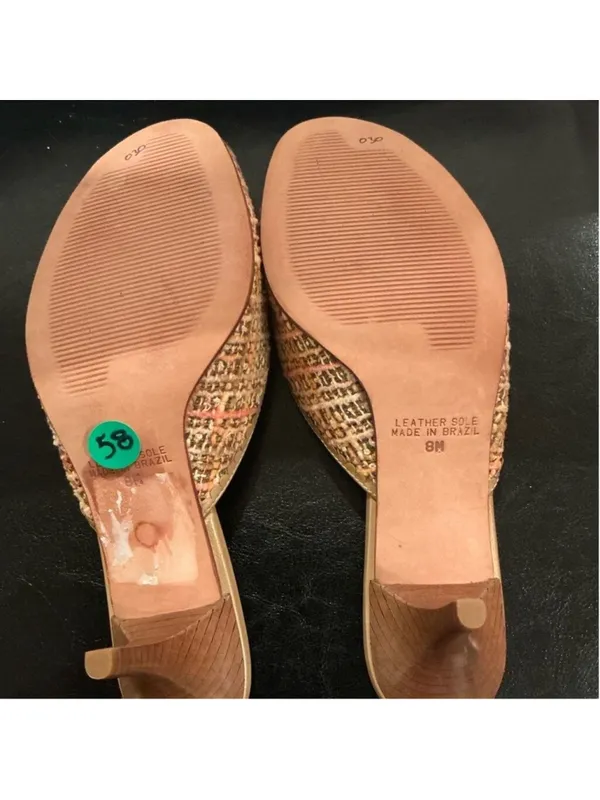 Marcello Paci Shoes Sz 8 Slides Kitten Heels Tweed Fabric Orange/Tan - Image 5