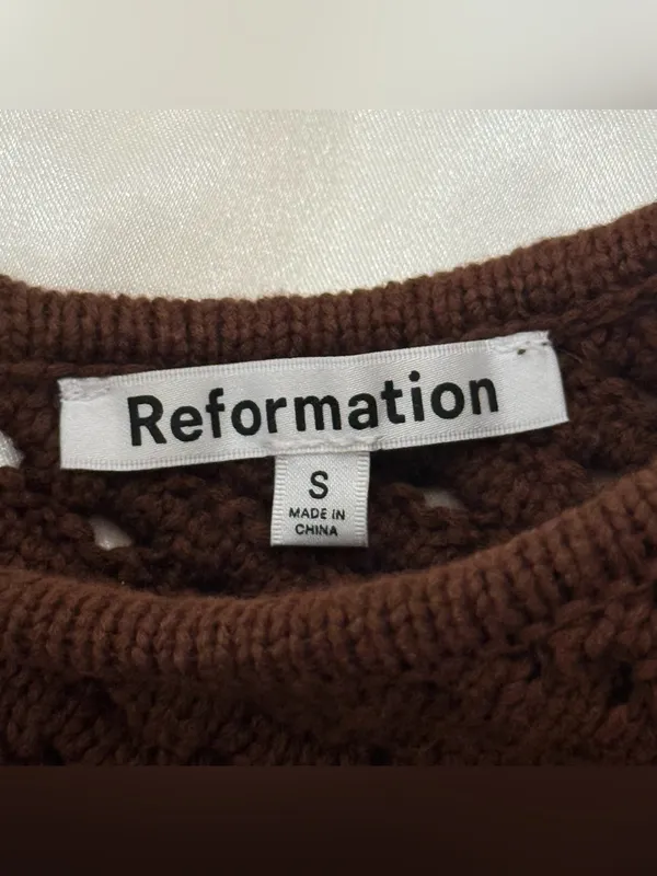 Reformation Lieta Open Knit Top Small Brown Crochet Festival Fringe Chic Fall - Image 6