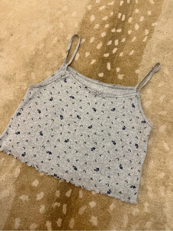 Aerie Pointelle Ribbed Floral Cami Tank Top Gray Blue Ditsy Print Lettuce Hem L - Image 3