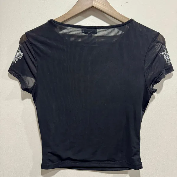 Faded Rose Black Sheer Mesh Rhinestone Butterfly Crop Top Tee Medium Y2K - Image 2