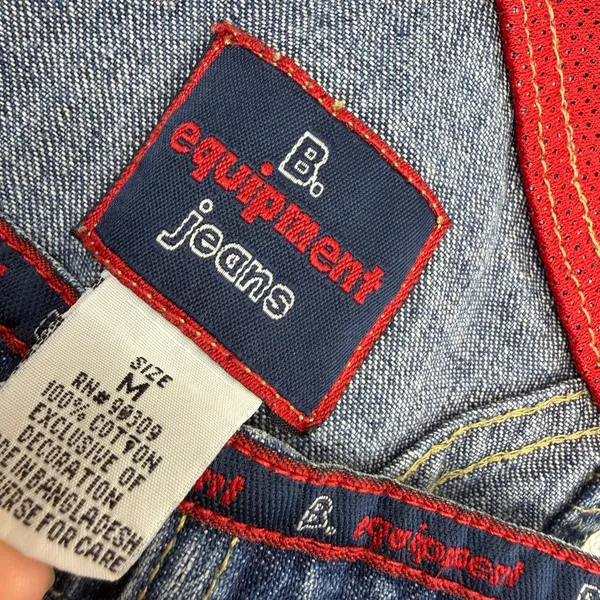 B.U.M. Equipment Overalls Womens Size Medium Blue Denim Red Mesh Straps Vintage - Image 6
