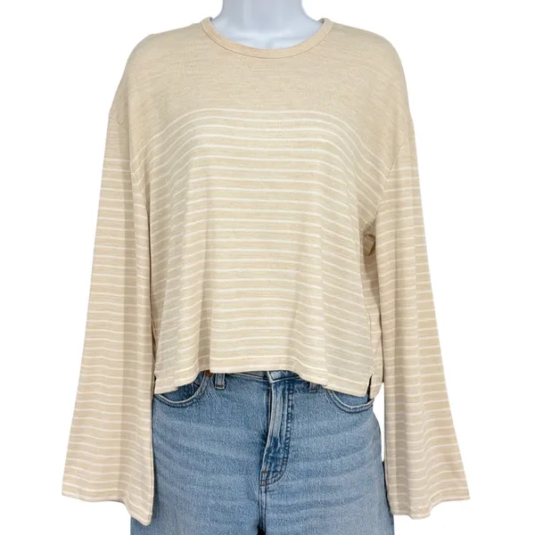 rag & bone Striped Long Sleeve Top Womens LG Beige White Bell Sleeve Jersey‎ - Image 2