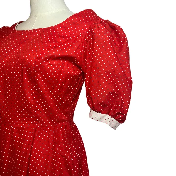 S.L. Fashions VTG 80s Polka Dot Puff Sleeve Midi Dress Red Size 9 - Image 7