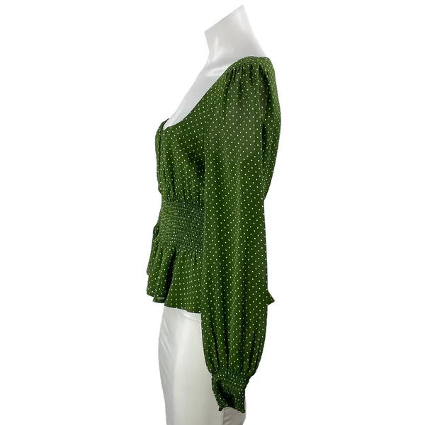 Reformation Hearth Women's Green Polka Dots Long Sleeve Peplum Blouse Top Size 8 - Image 2