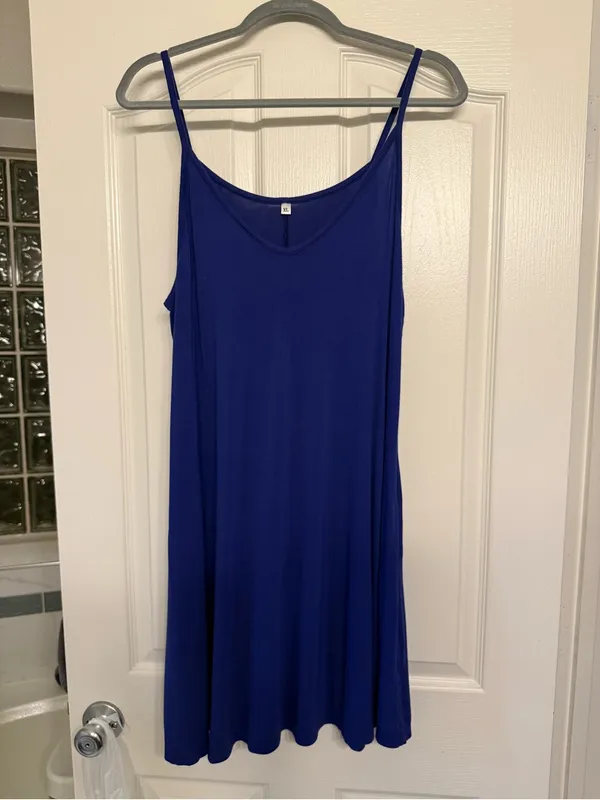 Royal Blue Spaghetti Strap Slip Dress XL | Flowy Rayon Tank Dress with Pockets - Image 3