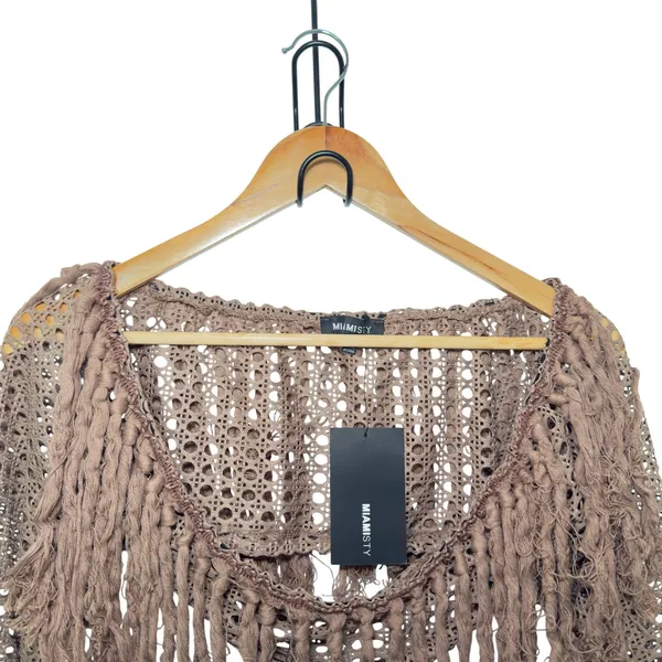Miamisty Large Brown Crochet Boho Chic Cropped Fringed Cover Up Top Whimsigoth - Image 3