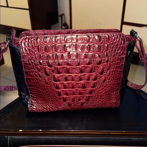 Brahmin Croc-Embossed Crossbody in Burgundy and Black - Image 3