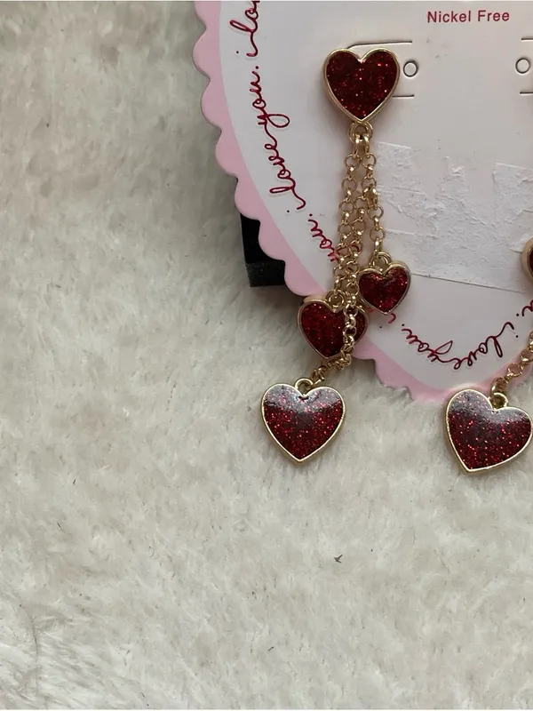 Gold-Tone Red Glitter Heart Dangle Earrings - Image 2