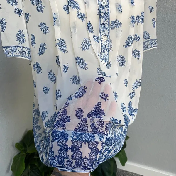 Max Studio White Blouse Floral Butterfly Short Sleeve Blouse Boho Coastal Casual - Image 4