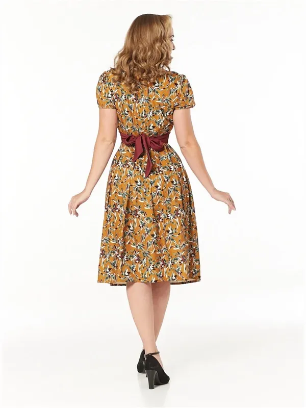 Timeless London 50's Caramel Brown Tropical Leaf Print Short Sleeve Pinup Dress - Image 3