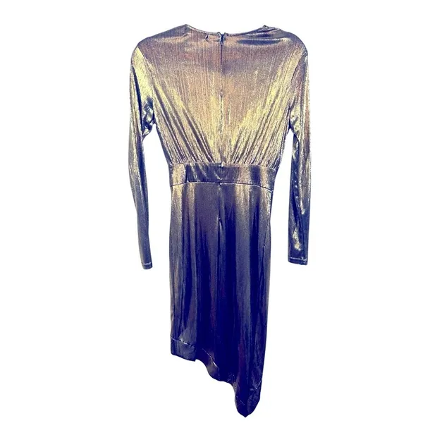 Lulu’s Metallic Gold Faux Wrap Asymmetrical Party Dress Semi Sheer Small Glam - Image 9
