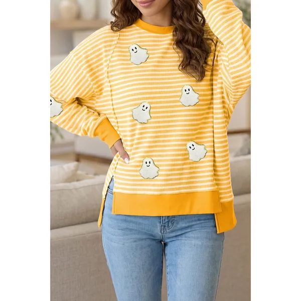 Stripe Halloween Ghost Patch Round Neck Long Sleeve Top - Image 3