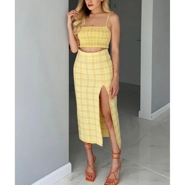 Zara sz S Gingham Yellow Plaid High Rise Split Midi Skirt Retro Mod Bloggers Fav - Image 5